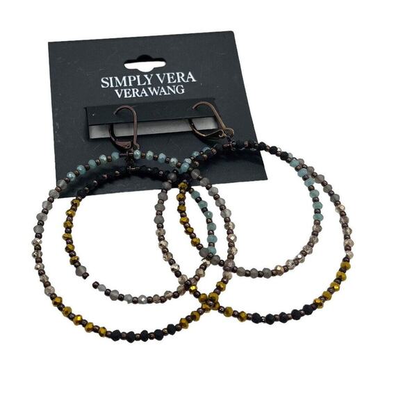 Simply Vera Vera Wang Earrings Leverback Beaded Drop Hoop New on Card Earthy - Picture 2 of 11